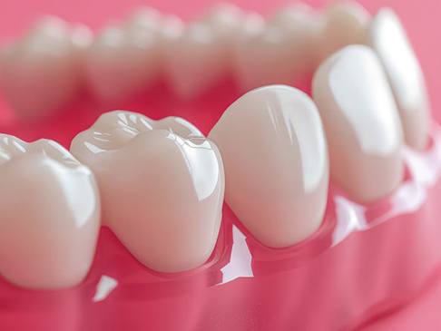 Close-up image of denture against pink background