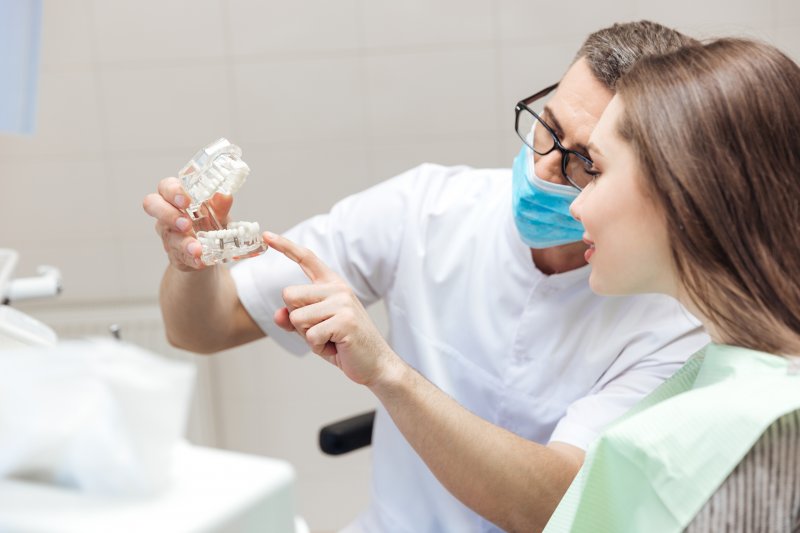 a dentist discussing dental implants with female patient